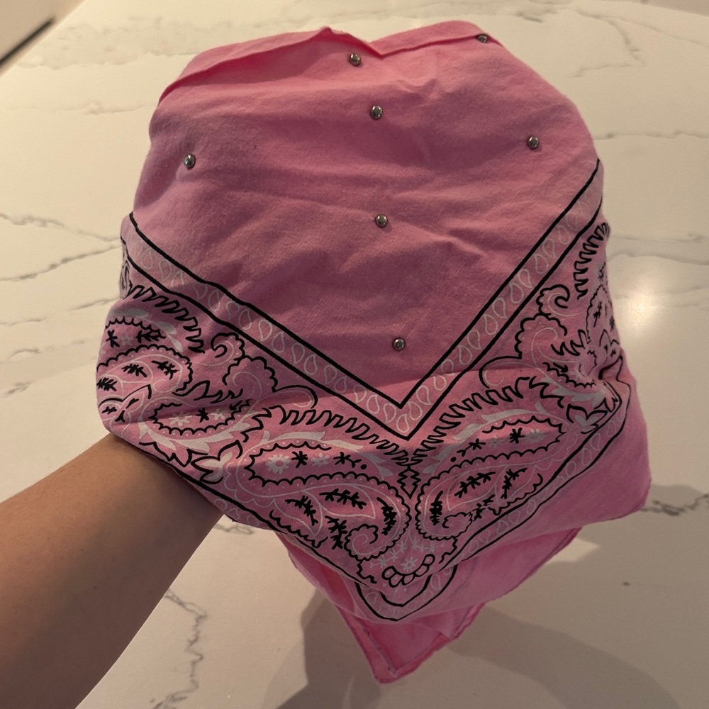 Pink Bandana Scarf with Black Paisley Print and metal studs